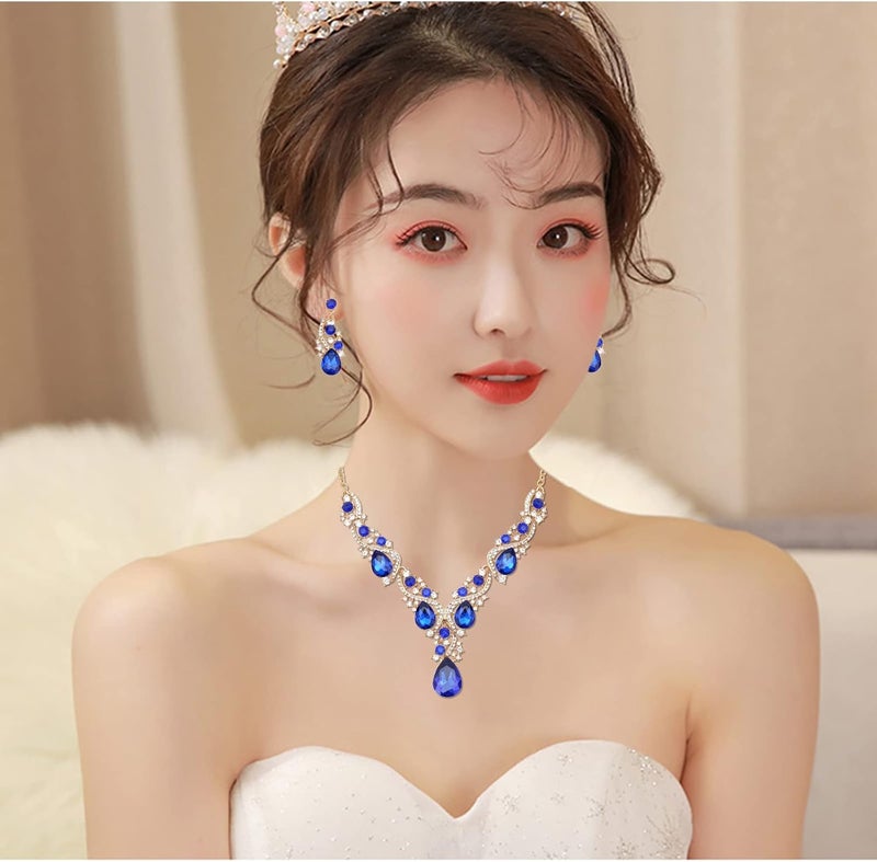 CSY Women's Elegant Bridal Necklace Earrings Stretch Bangle Bracelsts Set for Bride Bridesmaid Wedding Teardrop Crystal Costume Jewelry Sets - Image 2